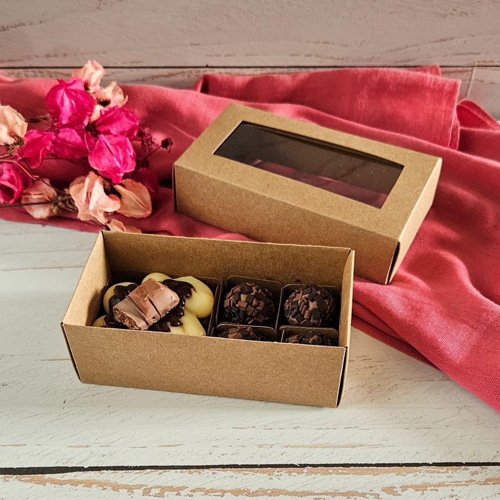 10 Caixas para 1 brownie + 4 Brigadeiros - Kraft - Tampa Visor