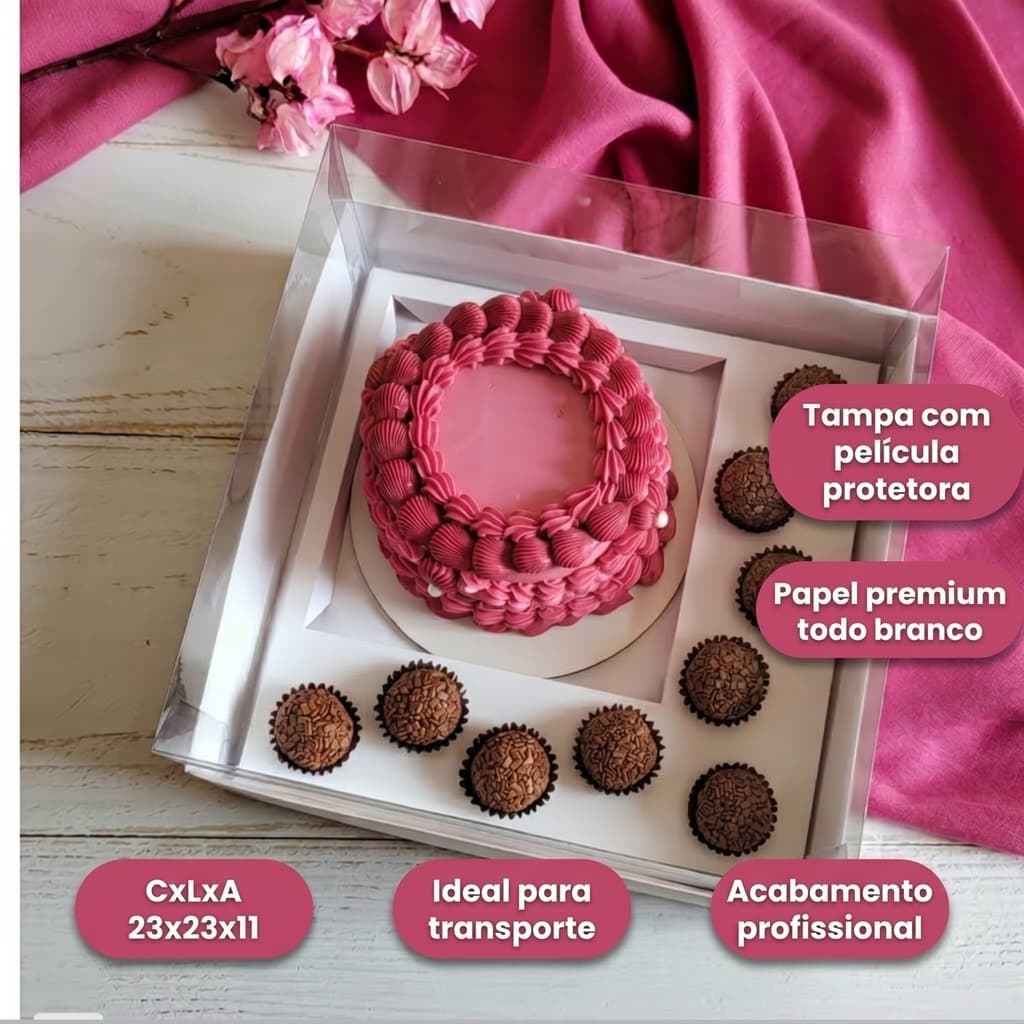 10 Caixas Bento/Mini Bolo + 9 brigadeiros de 20 a 27g - Branca - altura 11cm
