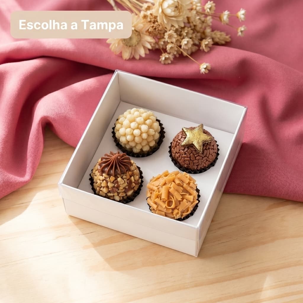 10 Caixas com berço para 4 brigadeiros (20 a 27g) Branca - Escolha a Tampa