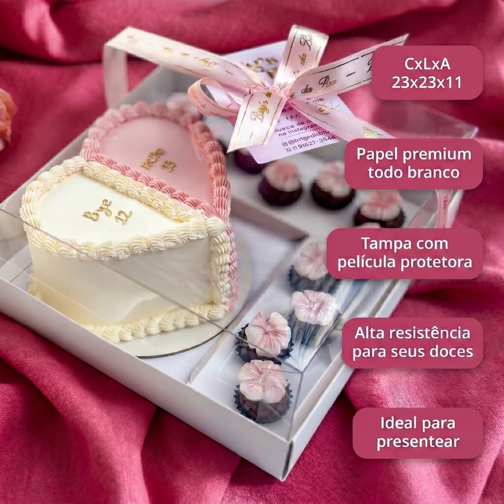 10 Caixas Bento/Mini Bolo + 11 brigadeiros de 14 a 20g - Branca - altura 11cm