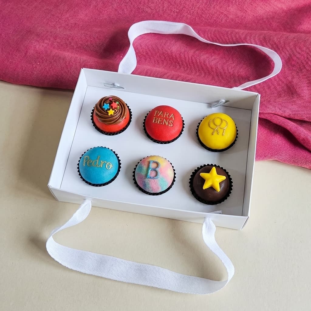 10 Caixas com alça para 6 brigadeiros branca com berço embalagem ideal para presente- Escolha a tampa